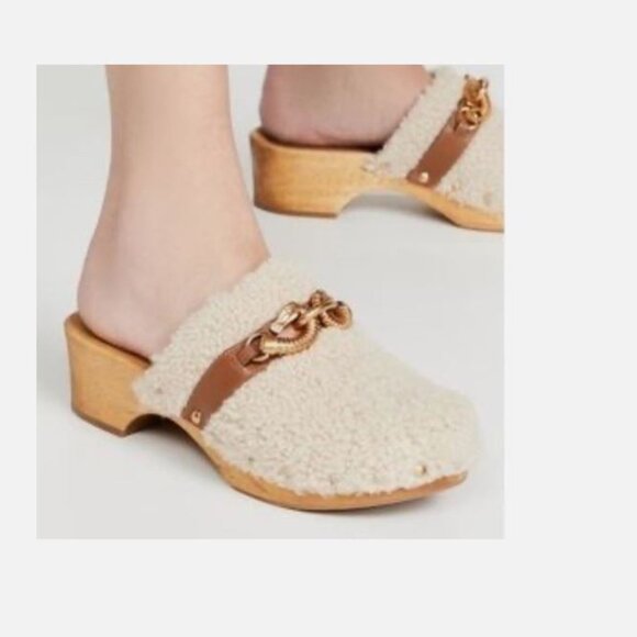 Brand New Tory Burch sz 9.5 Jessa Shearling Clogs buttermilk/royal tan 84927 - Picture 2 of 9